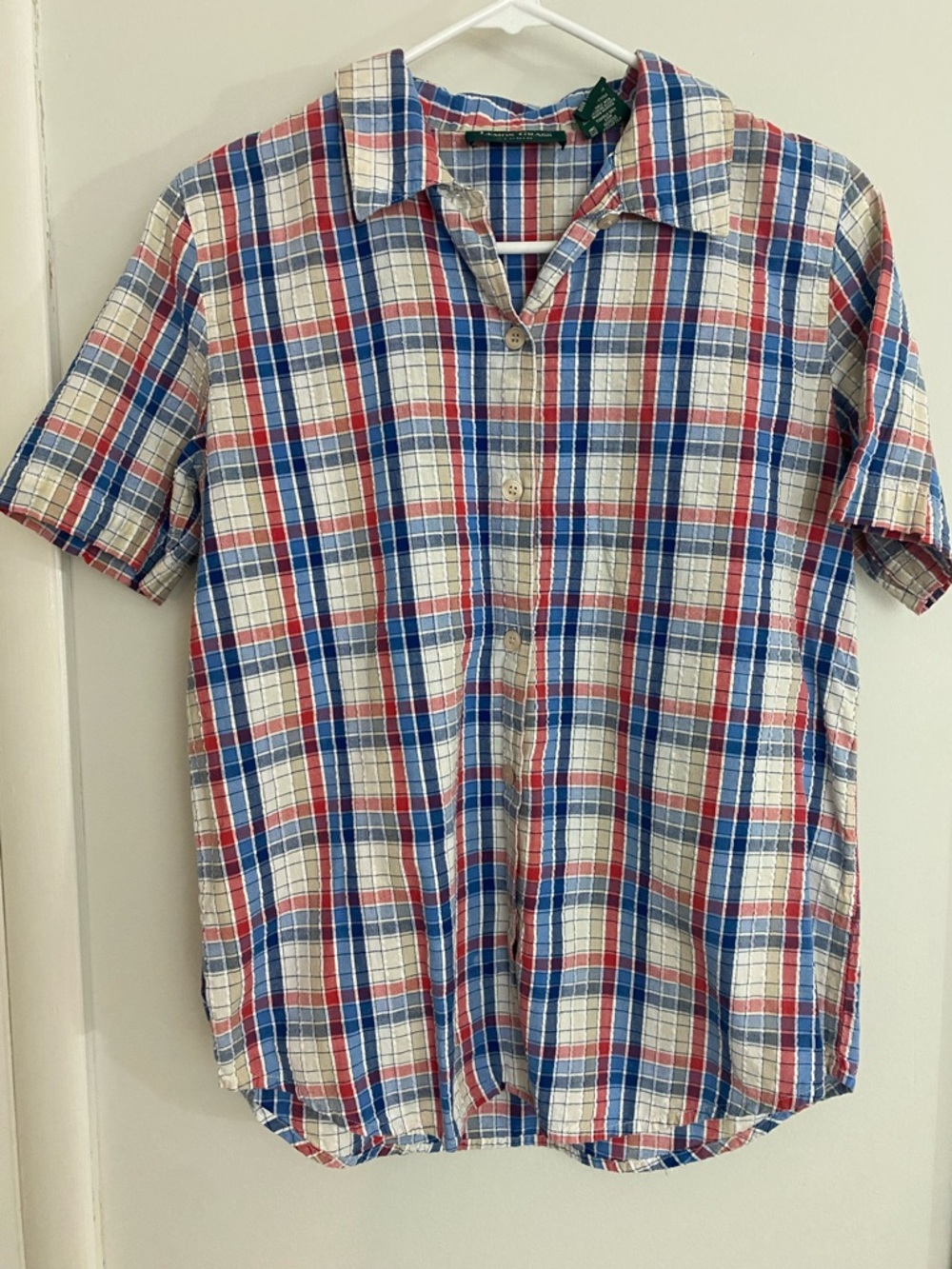 Vintage Short-Sleeve Plaid Button-Up Shirt - Red, Blue, White
